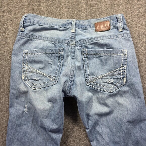 BKE Carter Jeans Mens 34L Blue Light Wash Distressed Straight Leg Patchwork - Picture 3 of 11